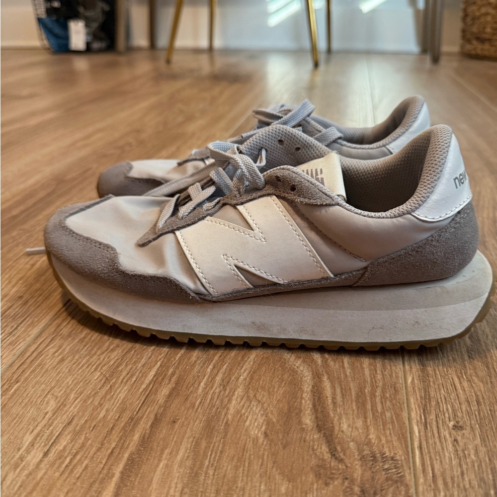 New Balance Gray and White Platform-Style Sneakers